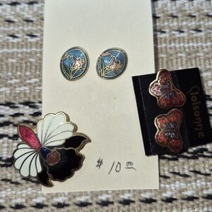 Cloisonne Enamel Jewelry Lot 2 Pairs Of Post Back Earrings And Brooch